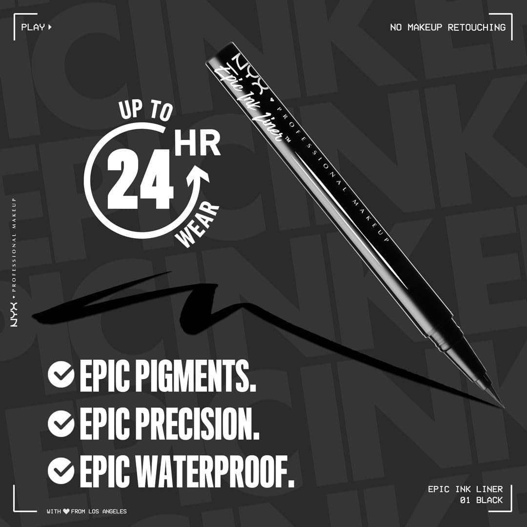 NYX Professional Makeup Epic Ink Liner, Brush Tip Liquid Eye Liner Pen, Up To 24 Hours of Wear, 6 Intensely Pigmented Shades, Waterproof Vegan Formula, Shade: Black
