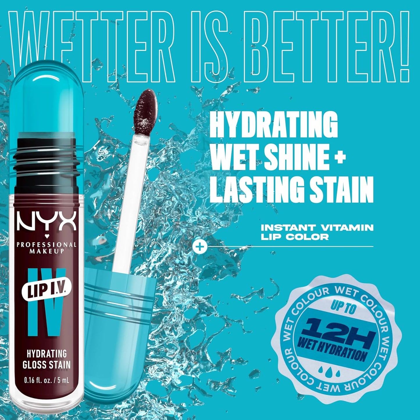 NYX Professional Makeup Lip IV Hydrating Lip Stain Gloss, Up to 12HR Hydration, High Pigment, Wet Shine Finish, Mauve N' Moist