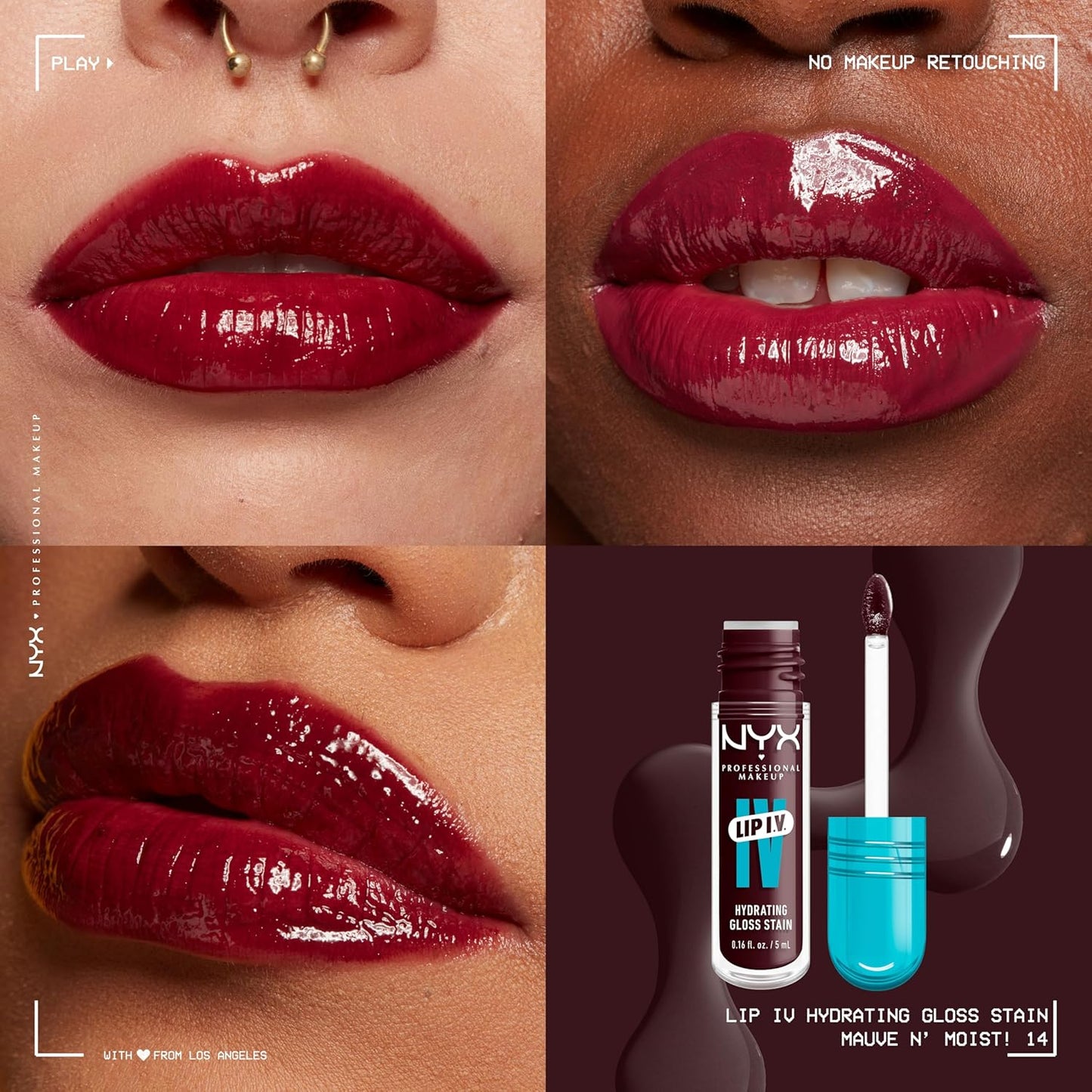 NYX Professional Makeup Lip IV Hydrating Lip Stain Gloss, Up to 12HR Hydration, High Pigment, Wet Shine Finish, Mauve N' Moist